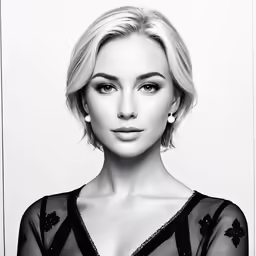 the black and white image of a woman with an elegant outfit