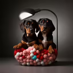two dogs are sitting in a heart shaped bowl filled with pom - poms