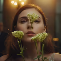 woman standing in front of mirror looking at flowers