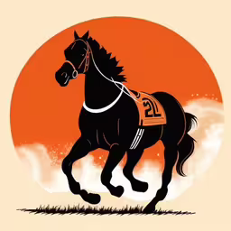 this poster depicts a running horse,the painting shows a jockey with his horse running