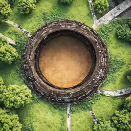 a huge structure with a concrete dome surrounded by lush green trees
