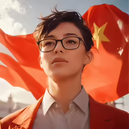 woman wearing glasses near two flags wearing a red blazer and white shirt