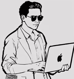 a man in sunglasses and suit, holding a laptop