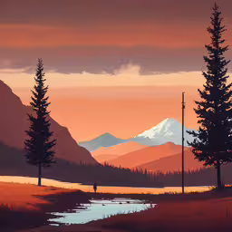 this painting depicts the mountains and pine trees as sunset,there are trees next to a creek at sunset