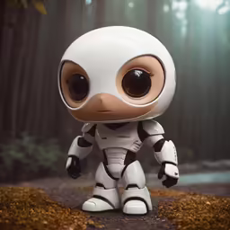 an action figure of an electronic type standing in the middle of a forest