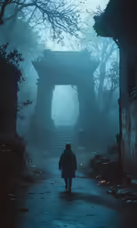 man walking up a trail with an archway in the background