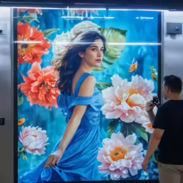 a man taking pictures of a woman painting a floral wall
