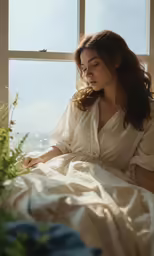 a beautiful woman sitting in a chair next to an open window