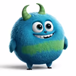 a blue and green monster with a large, smiling head