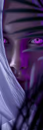 a young woman in a veiled costume looks out from behind leaves,a woman