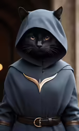 a cat wearing a hooded blue cloak and a collar with gold accents