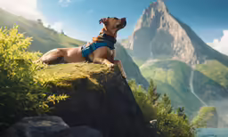 the dog is sitting on the edge of the hill