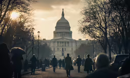 the people are walking across the street toward the capital building