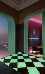 a colorful table on a black and white checkered floor