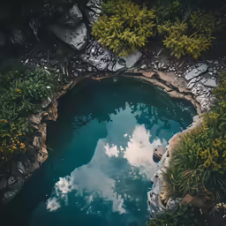 a water body surrounded by vegetation with rocks on the bank and a cloudy sky reflected in the puddle