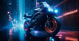 a motorcycle parked inside of a rain soaked building