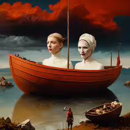 a woman and man with two heads are riding in a boat,two people are sitting on a boat in water
