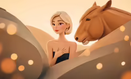 a girl standing next to a horse next to some rocks