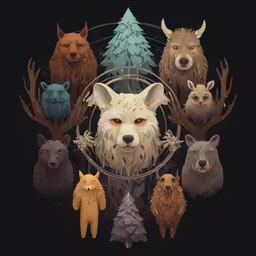 a white wolf surrounded by various types of animals