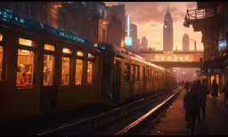 a city train is going by on a street at dusk,a passenger train sitting next to a loading platform