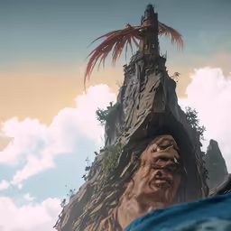 a giant face sitting in front of a big building