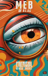 a very colorful advertisement with some big eye looking up