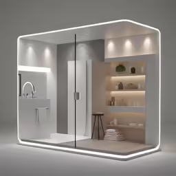 the lighted mirror in the bathroom reflects a washroom and a toilet