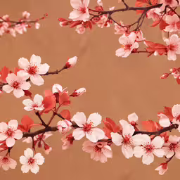 an orange and white blossoming branch with water in background,the flowers are blooming on the branch with brown background