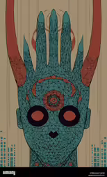 a hand is drawn with red eyes and demon horns