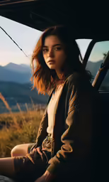 a beautiful young woman sitting inside of a car
