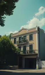 the building with a lot of windows is next to the trees