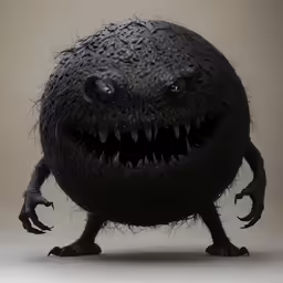 a black creature with eyes and mouth
