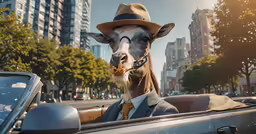 a donkey in a hat is driving an convertible
