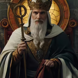 a bearded man in armor with a big golden headpiece and a cross on his shoulders