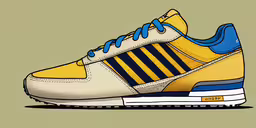 a yellow shoe that is drawn with blue and yellow,an illustrated image of a yellow shoe with blue accents