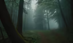 trees and grassy area on a foggy day