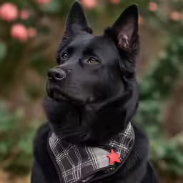 black dog wearing red star on collar staring