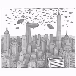 a black and white drawing of a city