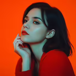 a woman in red posing for a studio shot