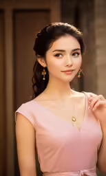 young woman with elegant hairstyle in elegant pink dress smiling at camera