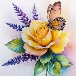 a painting of a yellow rose with butterfly on it