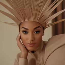 a girl with a long feathery headpiece