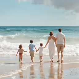 the people are walking down the beach with the little girl in front