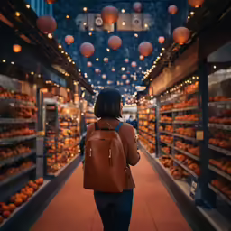 a person with a bag walks down a food aisle filled with oranges