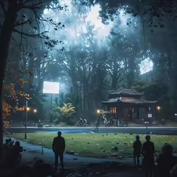 several people standing outside on the grass in front of trees
