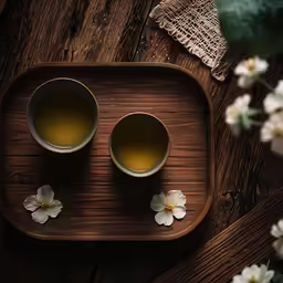 two tea cups with tea in each one on a tray