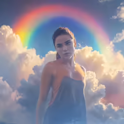 a young woman with a rainbow in the background