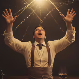 a man in an apron looking up and reaching up to the sky with his hands