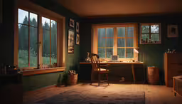 a home office with wooden floors and green walls,a computer desk is on a desk by two windows