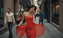 a woman in an orange dress walking down the street